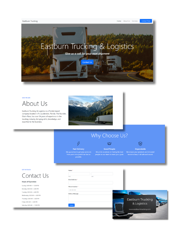 Eastburn Trucking and Logistics webpage sections